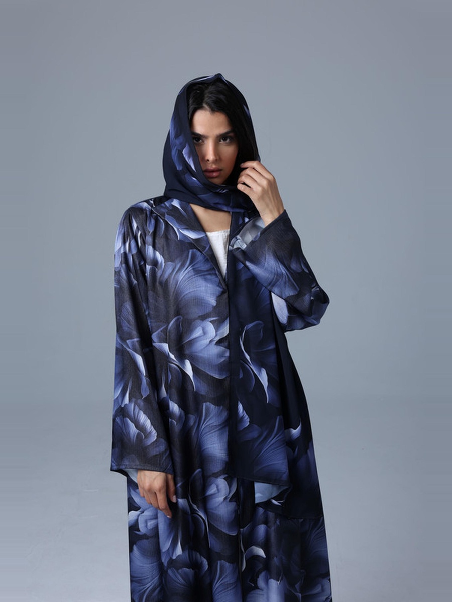 Blue Floral Print Haze Abaya