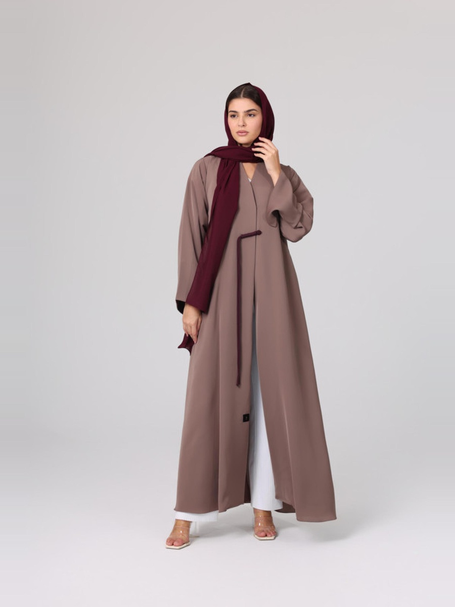Brown Solid Front Detail Straight Cut Abaya