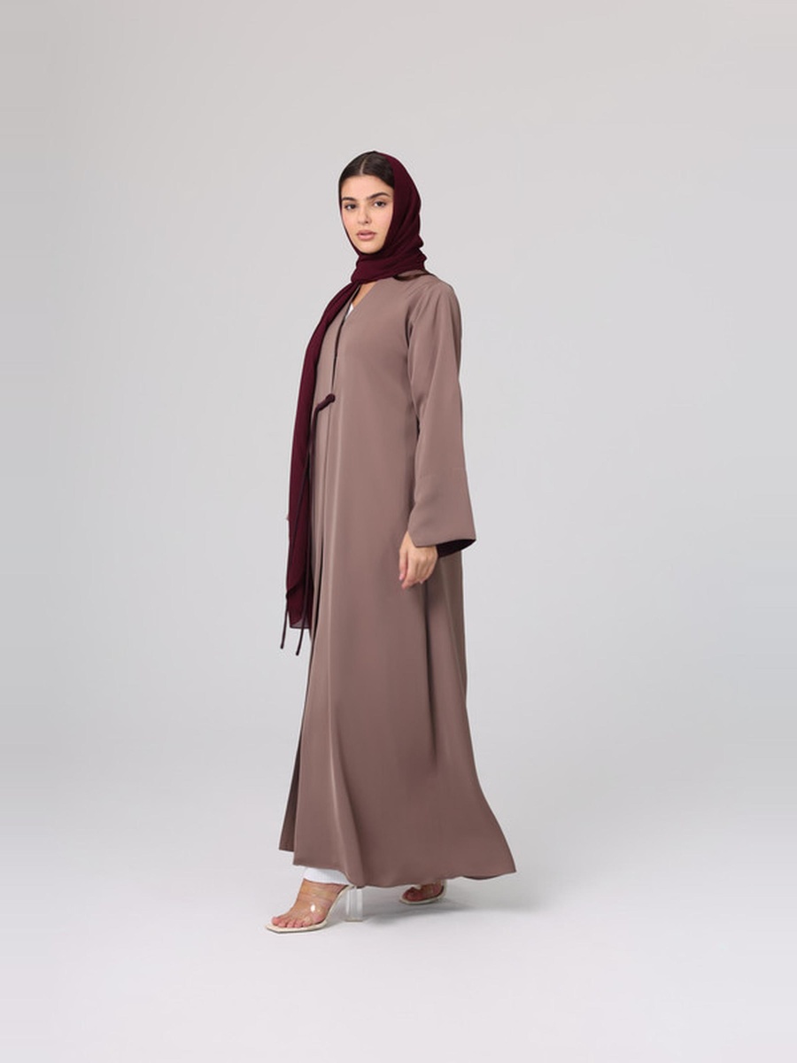 Brown Solid Front Detail Straight Cut Abaya