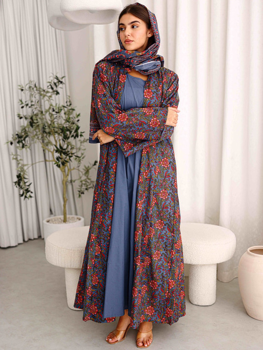 Blue Flower Print Front Open Abaya