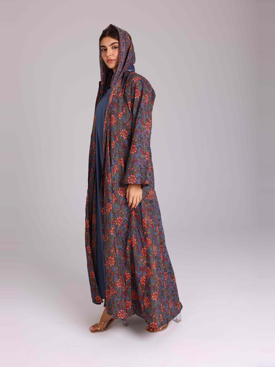 Blue Flower Print Front Open Abaya
