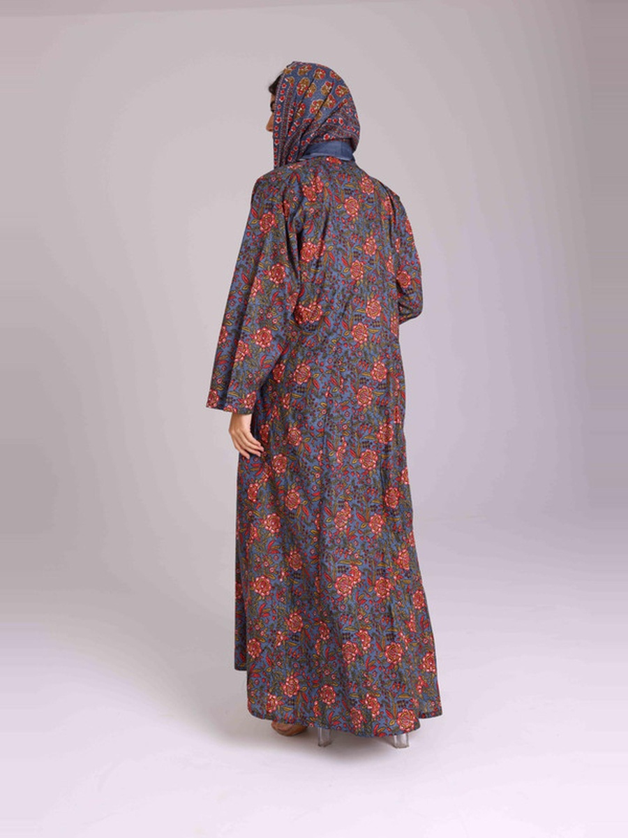 Blue Flower Print Front Open Abaya