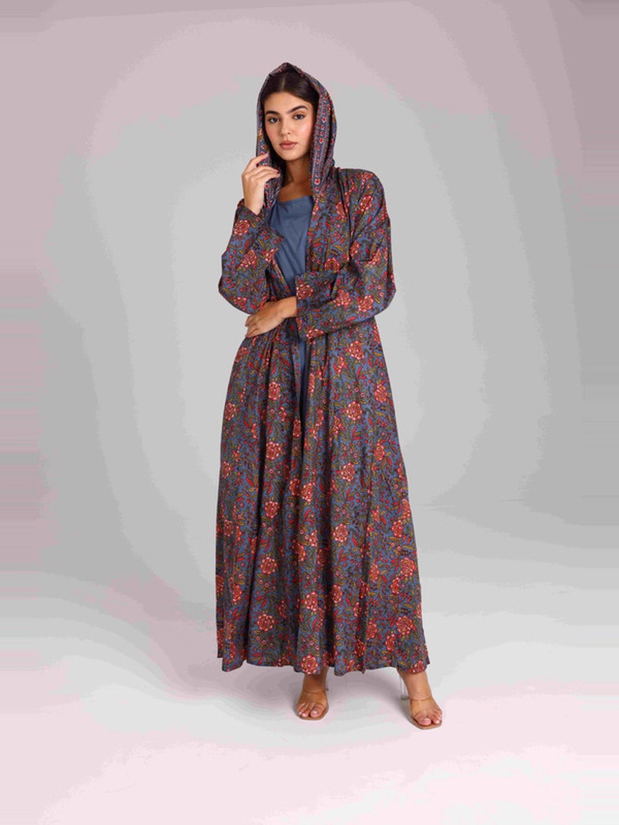 Blue Flower Print Front Open Abaya