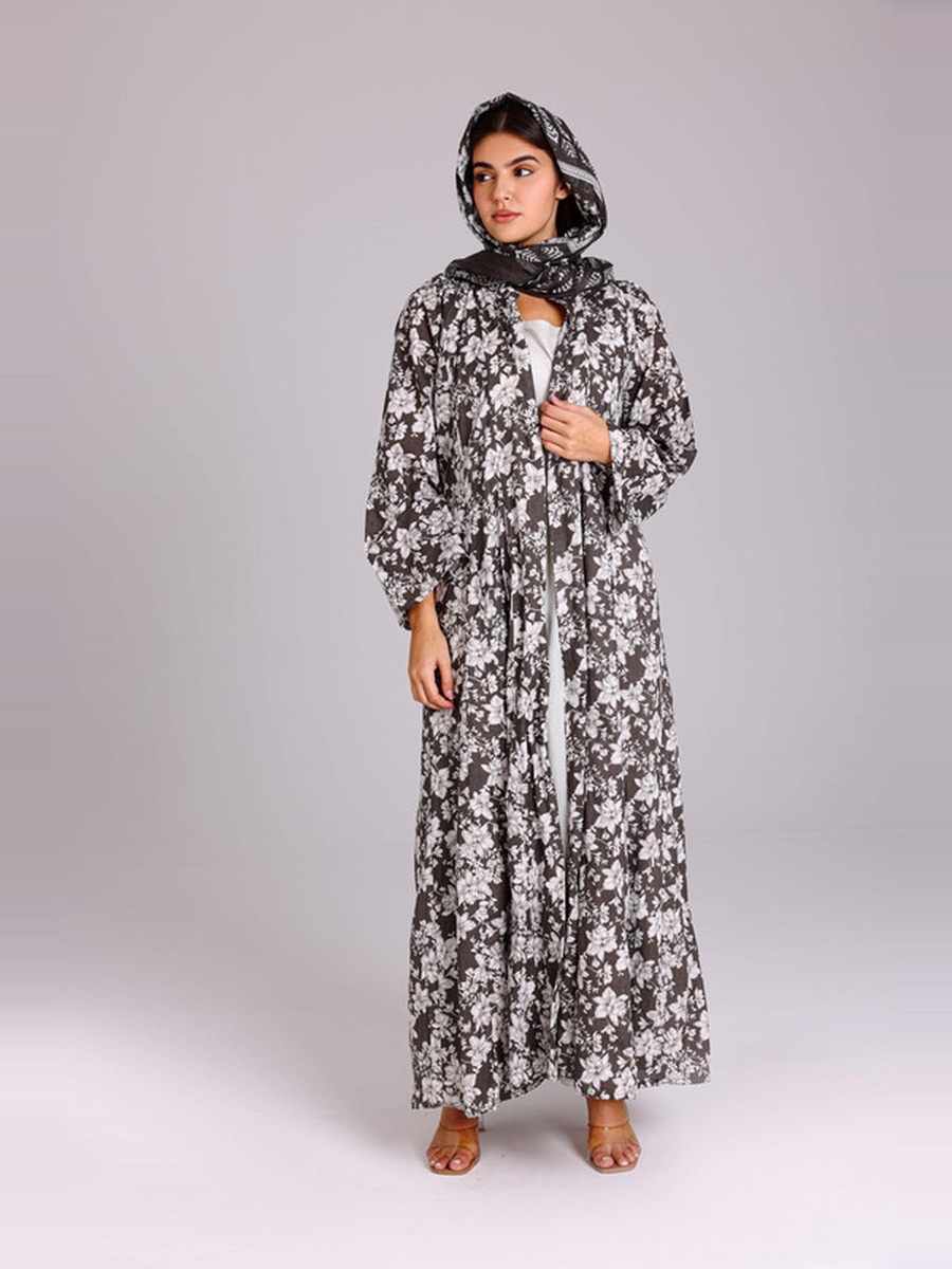 Grey Floral Print Design Abaya