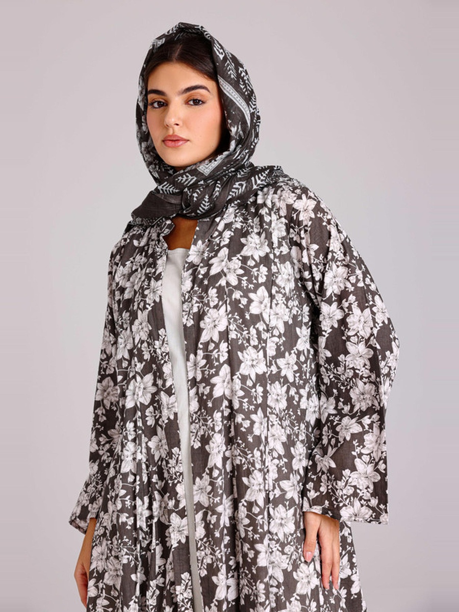 Grey Floral Print Design Abaya