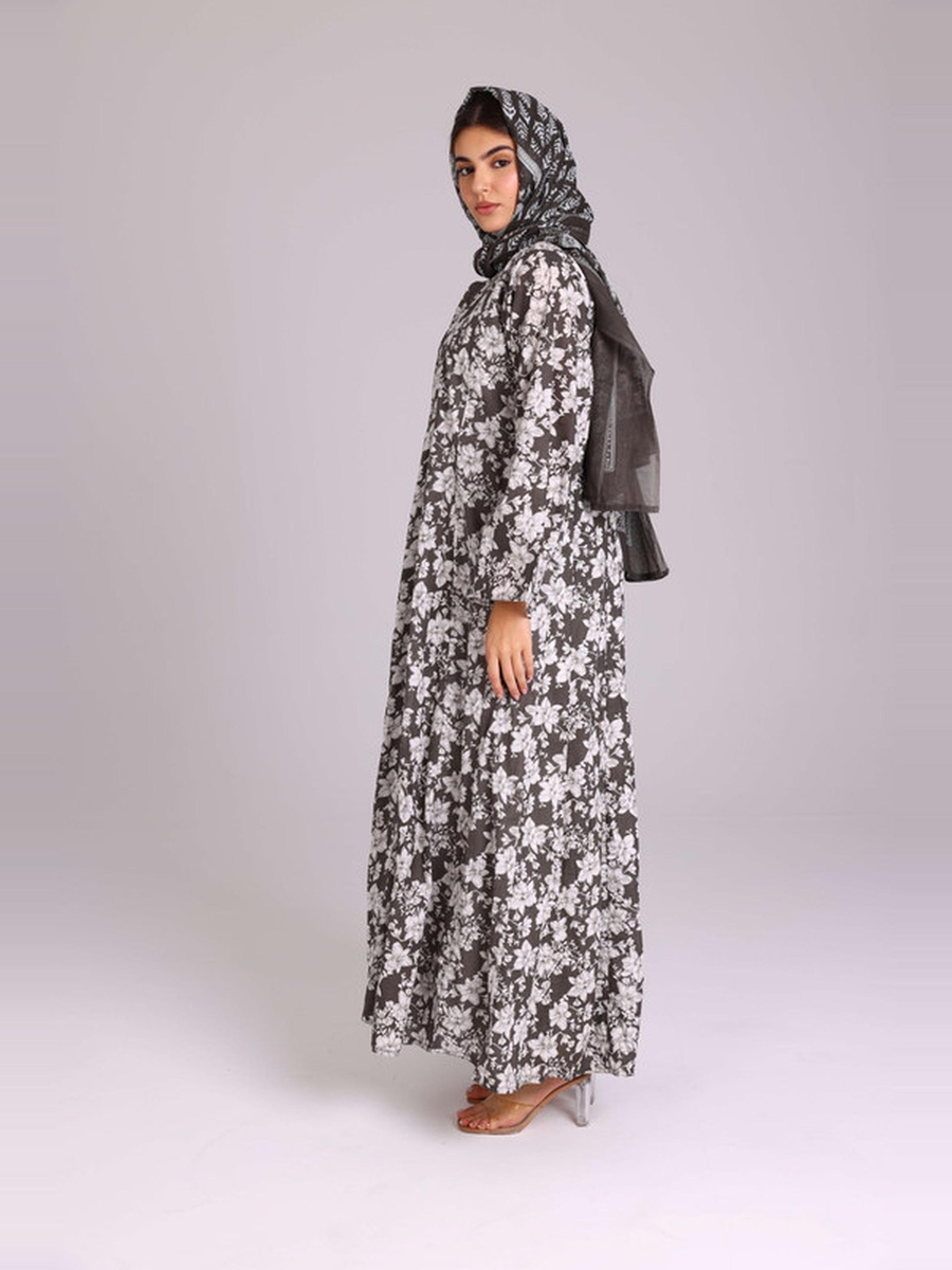 Grey Floral Print Design Abaya