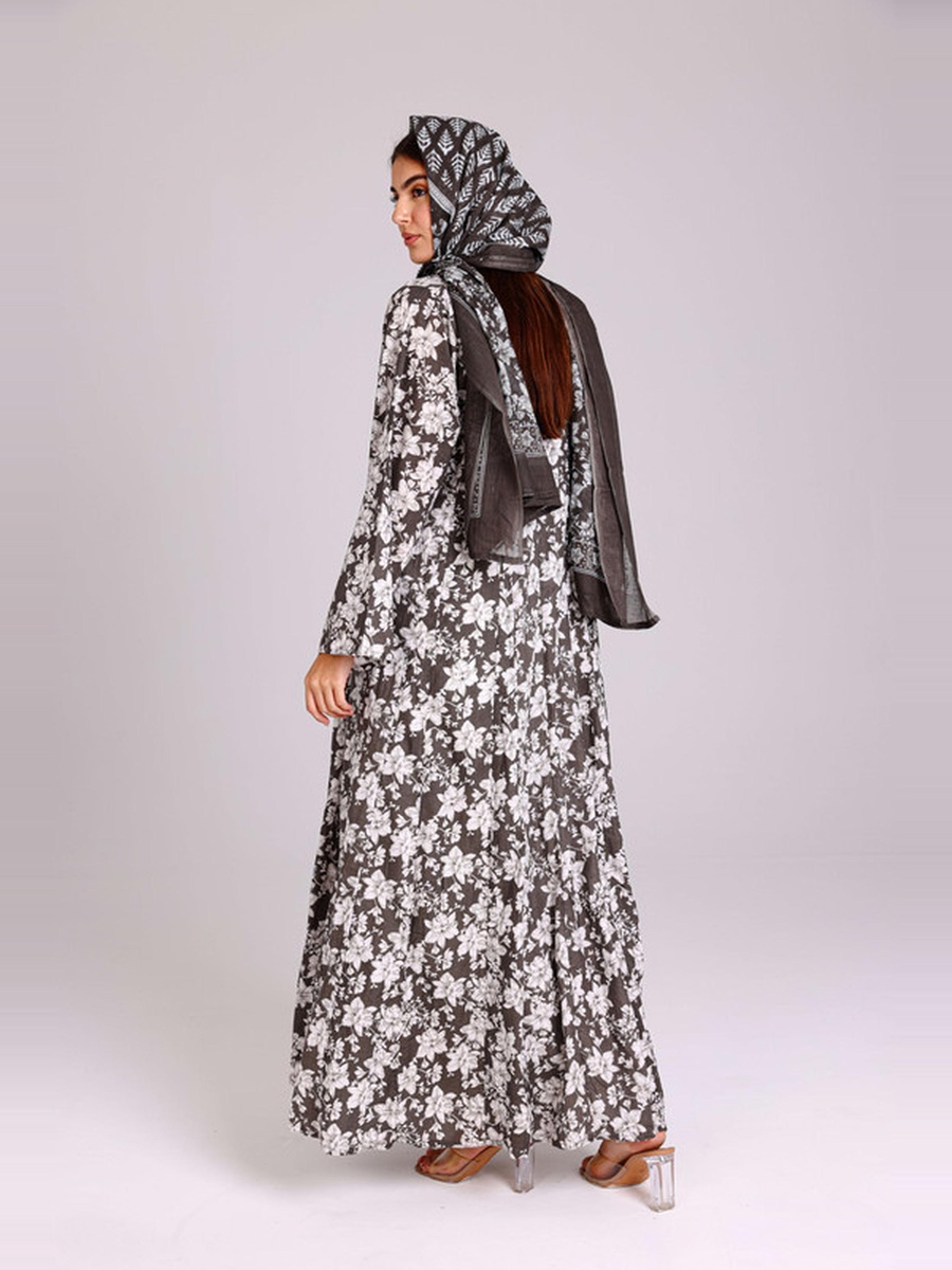 Grey Floral Print Design Abaya