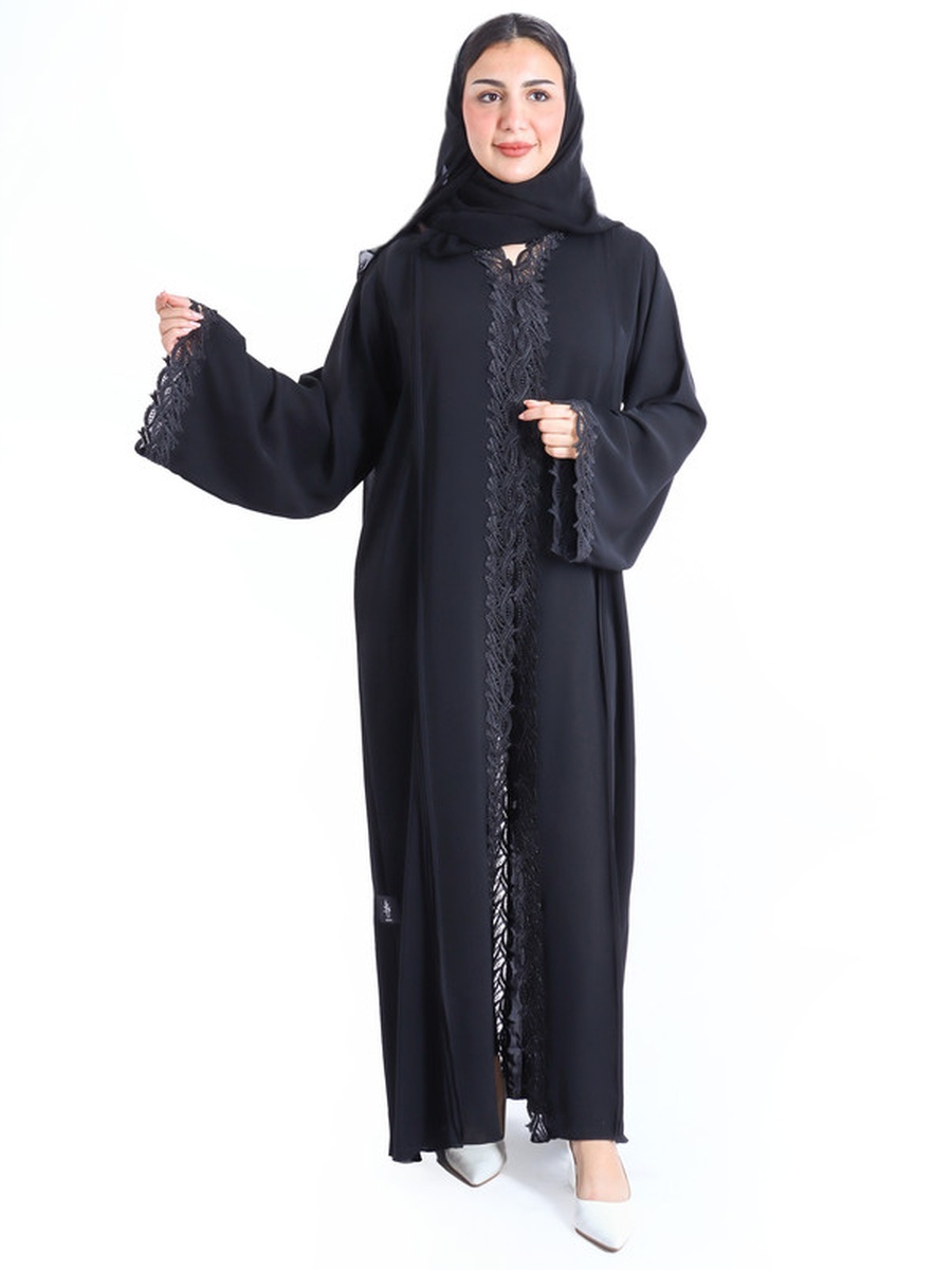 Black Crystal Lace Border Emirati Abaya