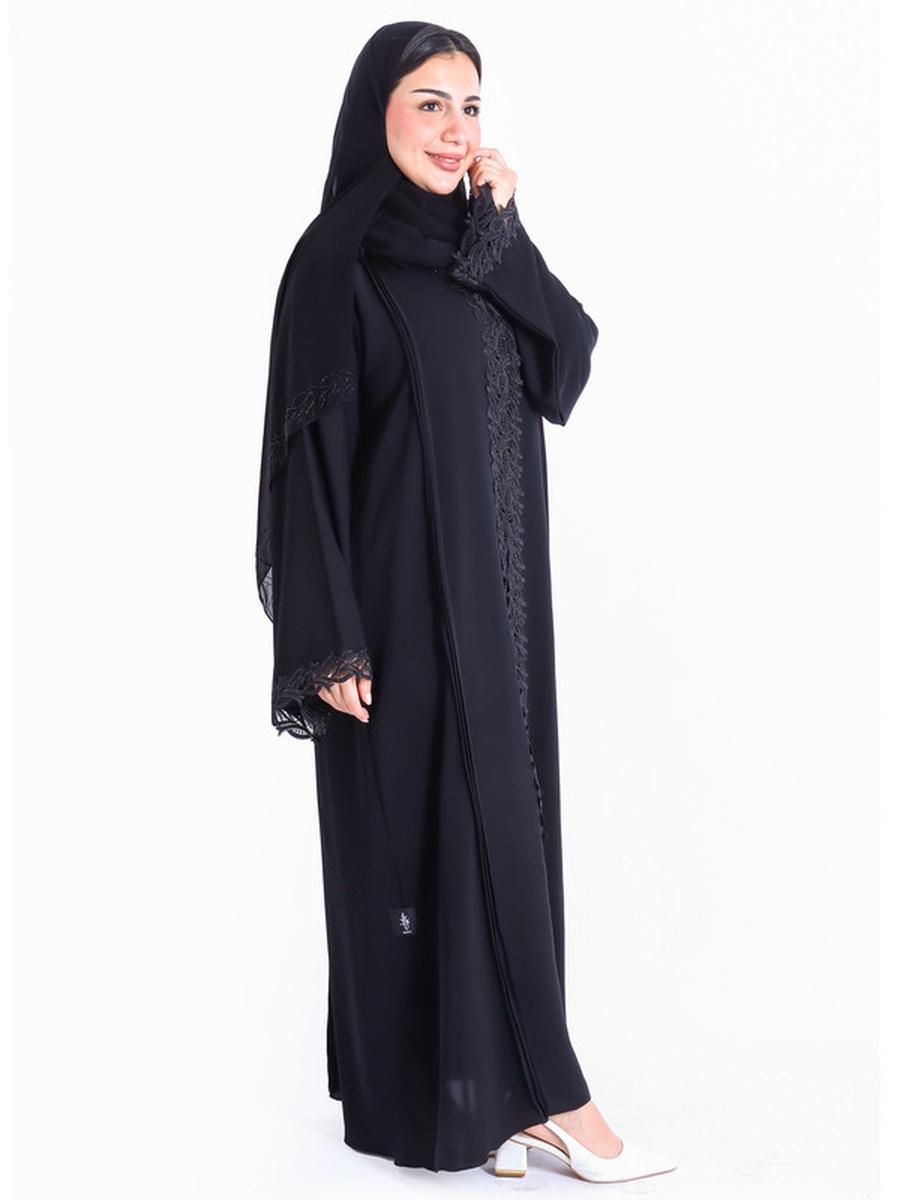 Black Crystal Lace Border Emirati Abaya