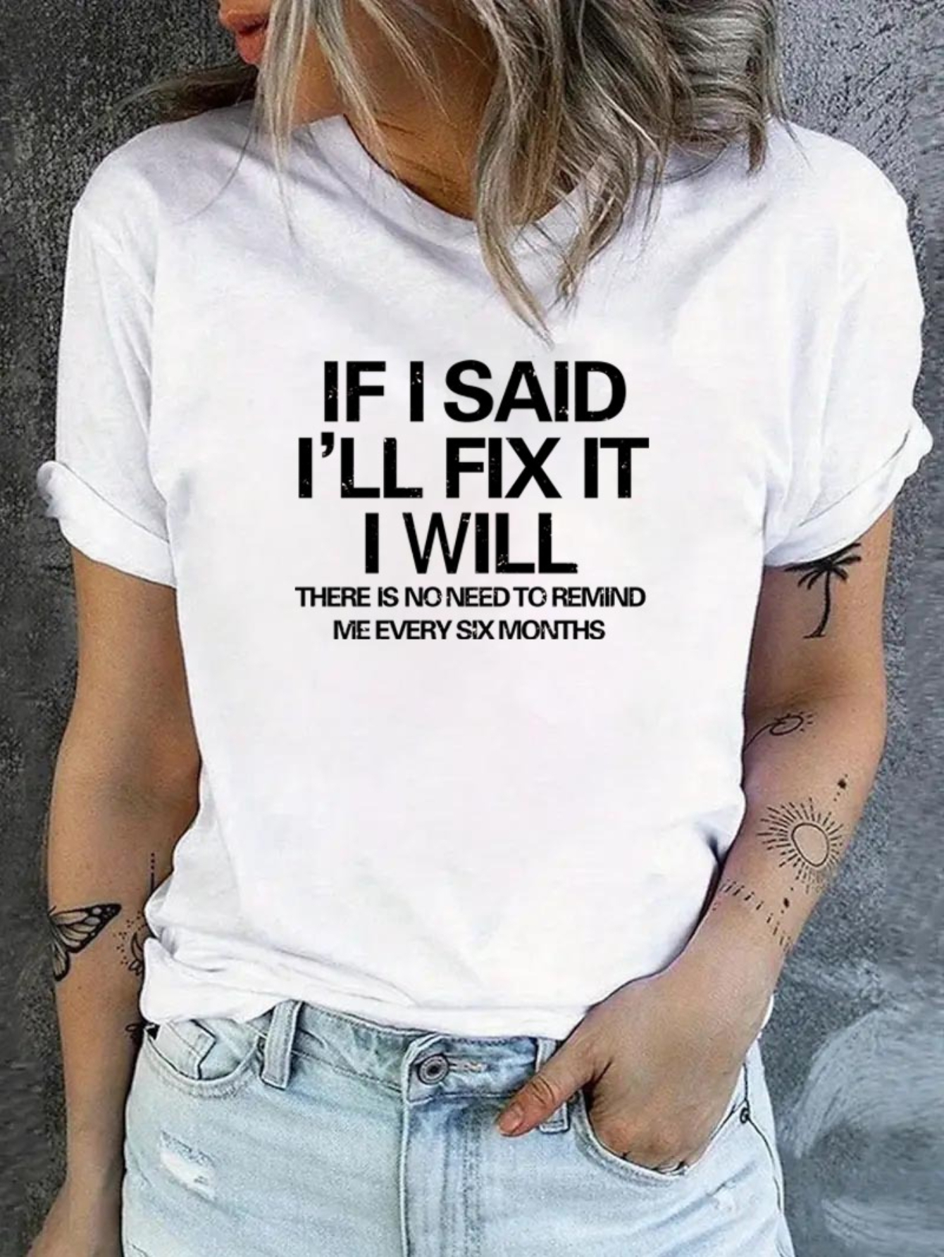 White Text Print Turn-Up Sleeve T-Shirt