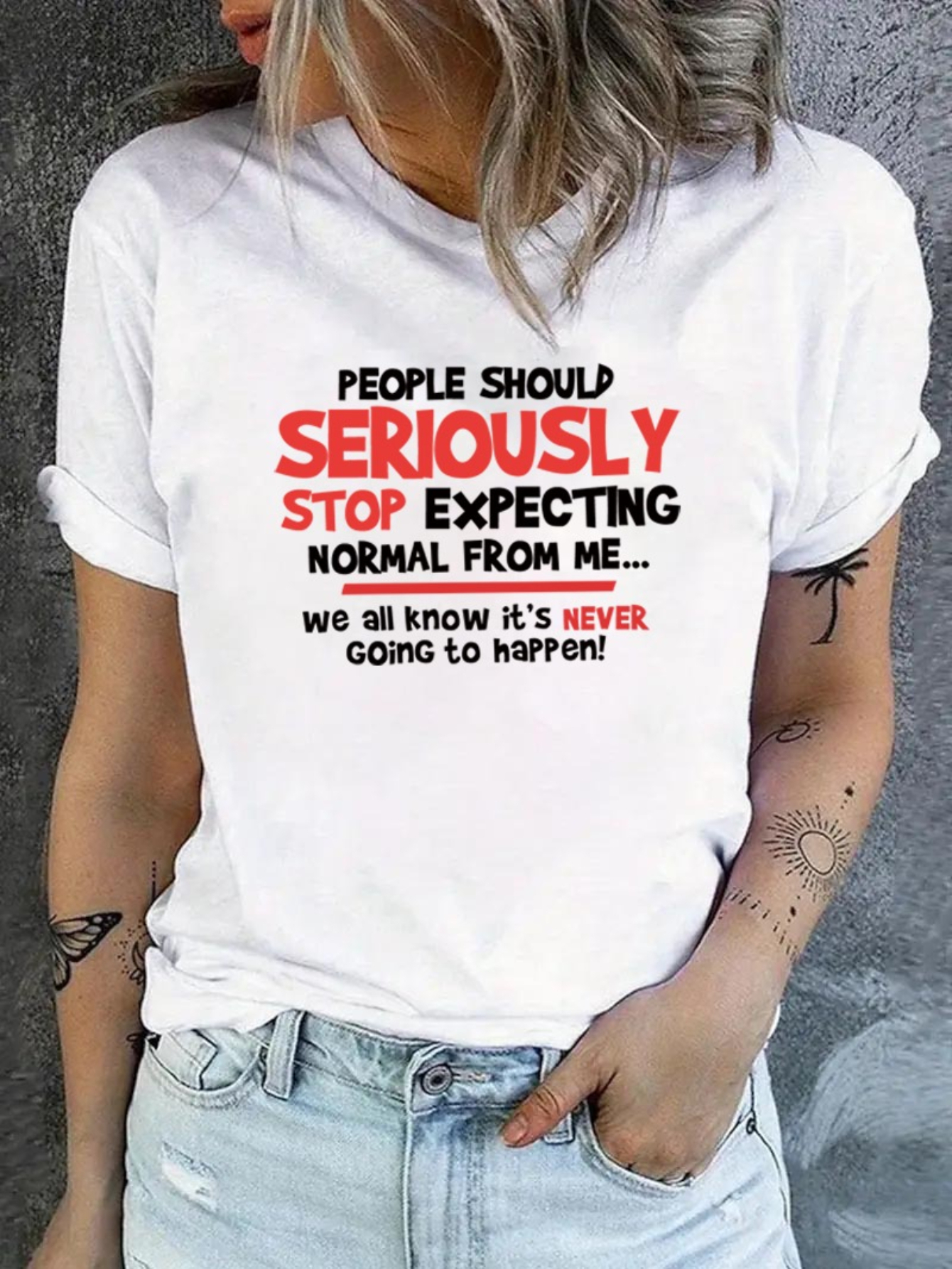 White Text Print Turn-Up Sleeve T-Shirt