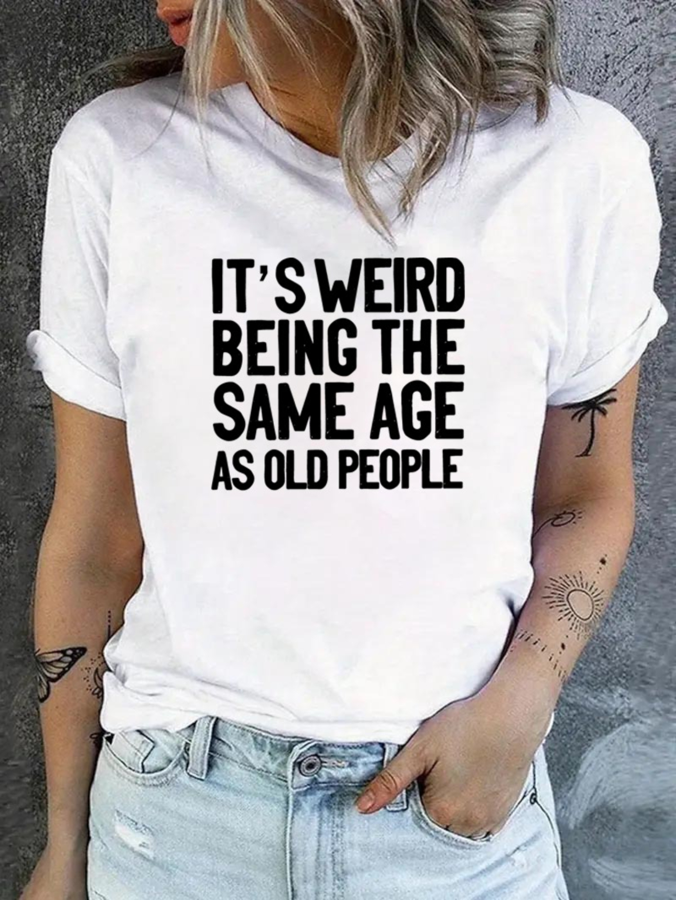 White Slogan Print Turn-Up Sleeve T-Shirt
