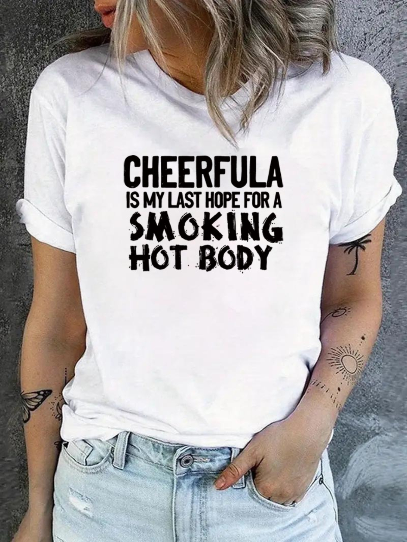 White Graphic Print Turn-Up Sleeve T-Shirt