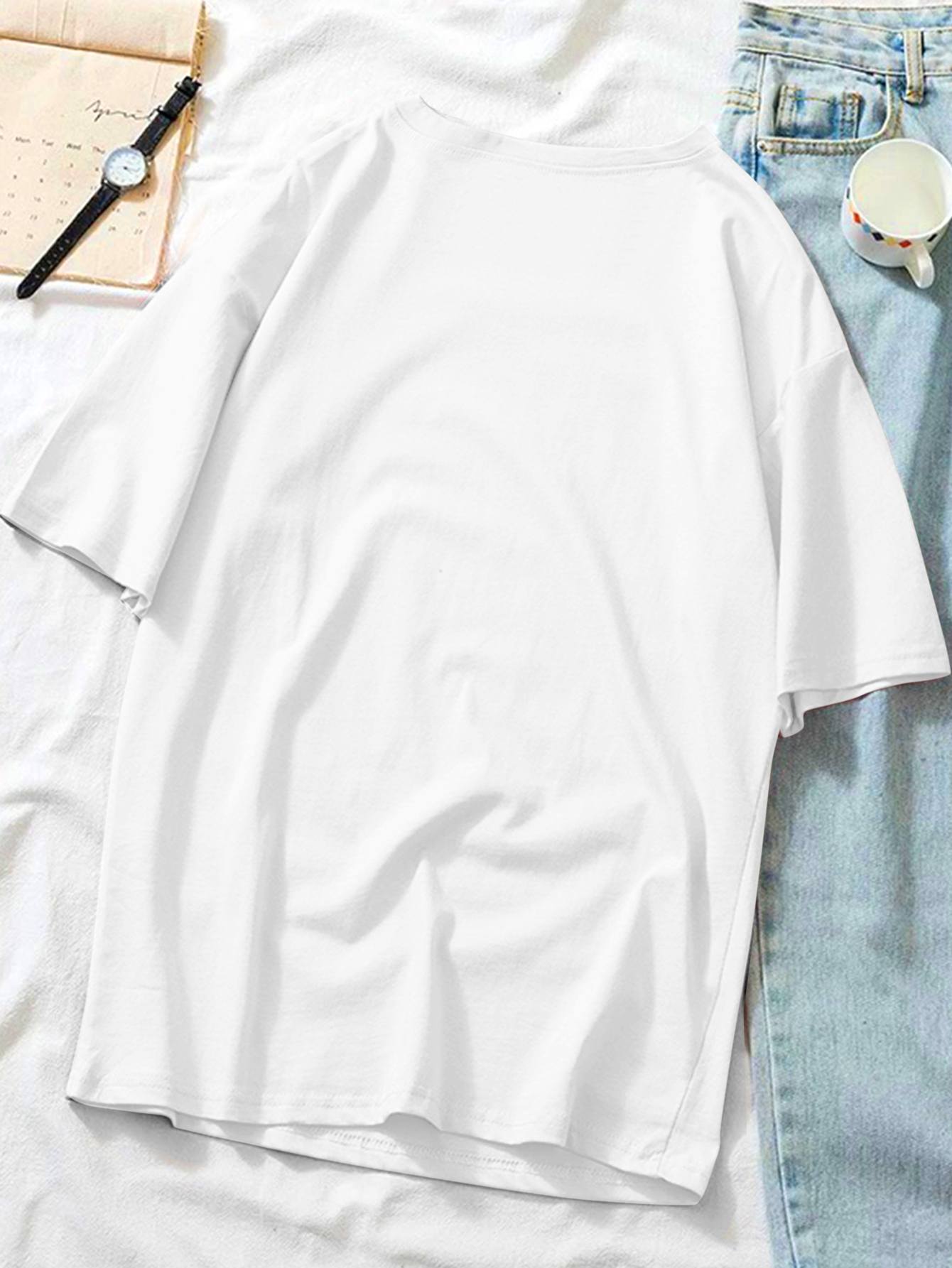White Graphic Print Turn-Up Sleeve T-Shirt