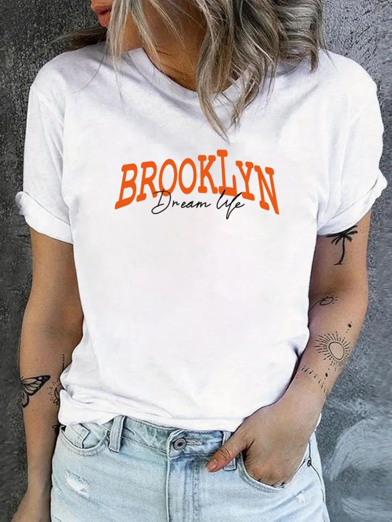 White Graphic Print Turn-Up Sleeve T-Shirt