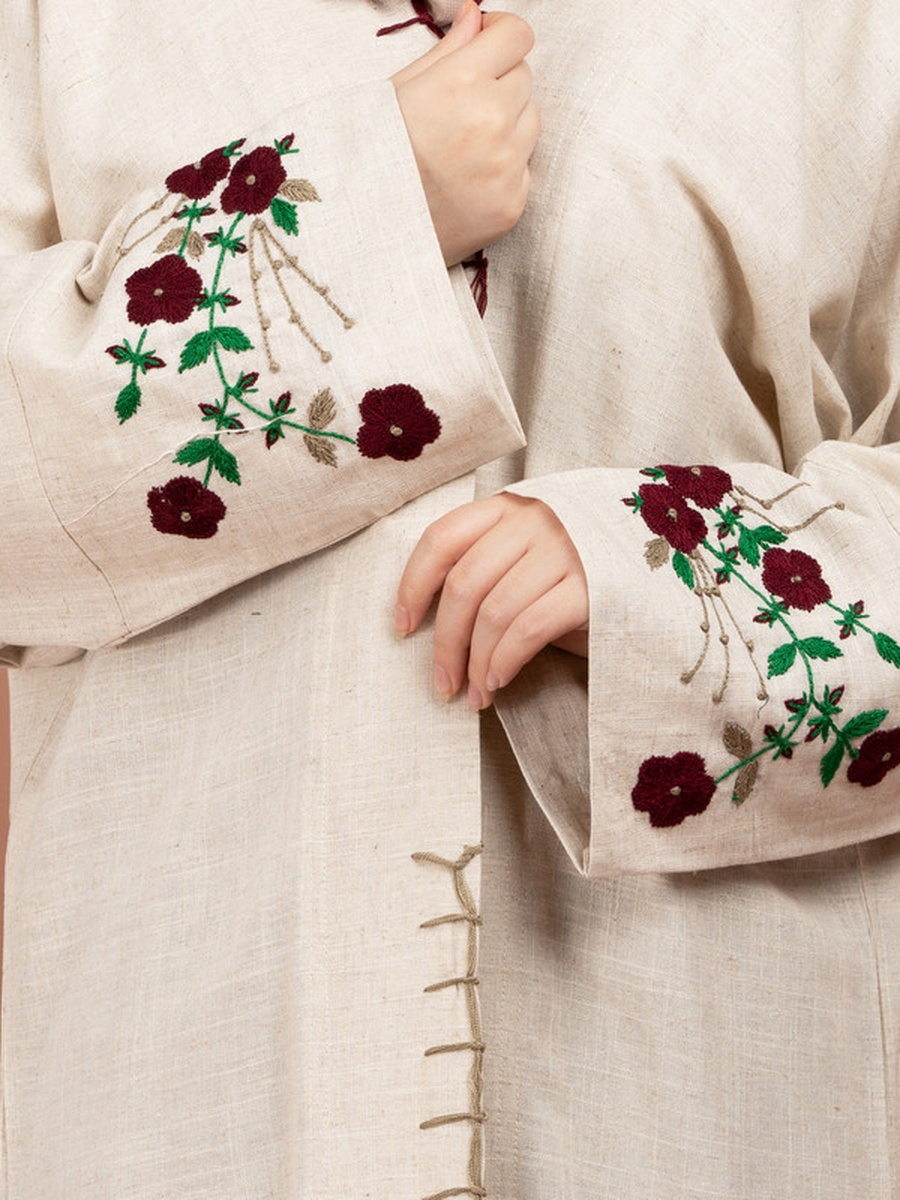 Beige Floral Handwork Lenin Emirati Abaya