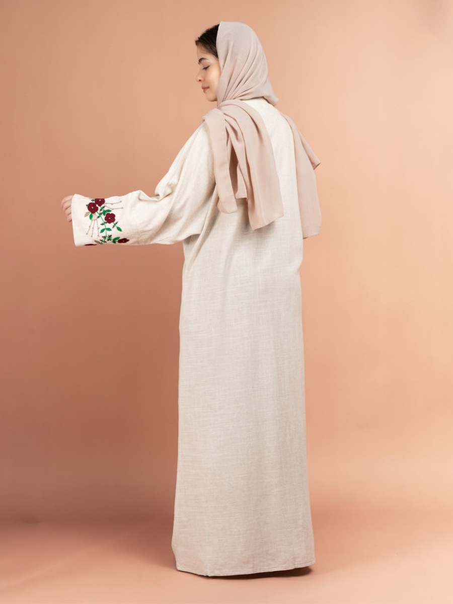 Beige Floral Handwork Lenin Emirati Abaya