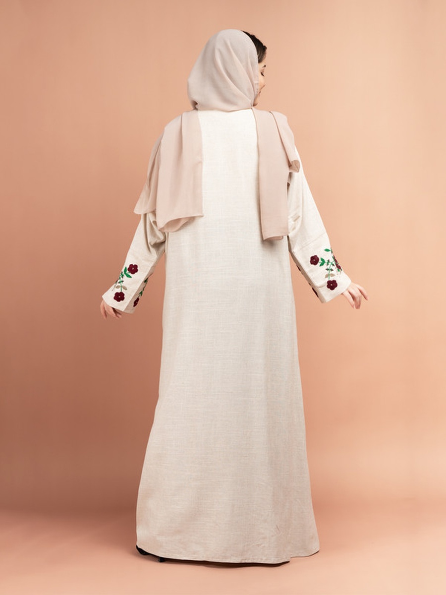 Beige Floral Handwork Lenin Emirati Abaya