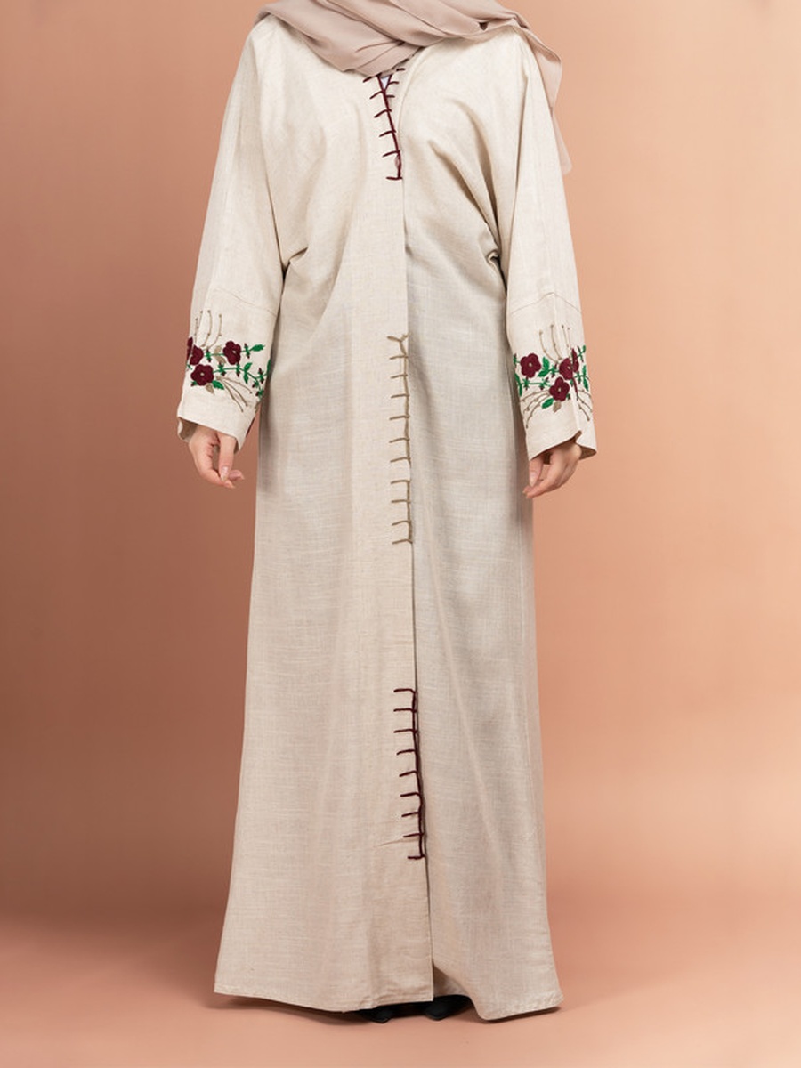 Beige Floral Handwork Lenin Emirati Abaya