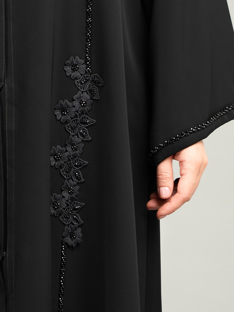 Black Floral Embroidery Beaded Emirati Abaya