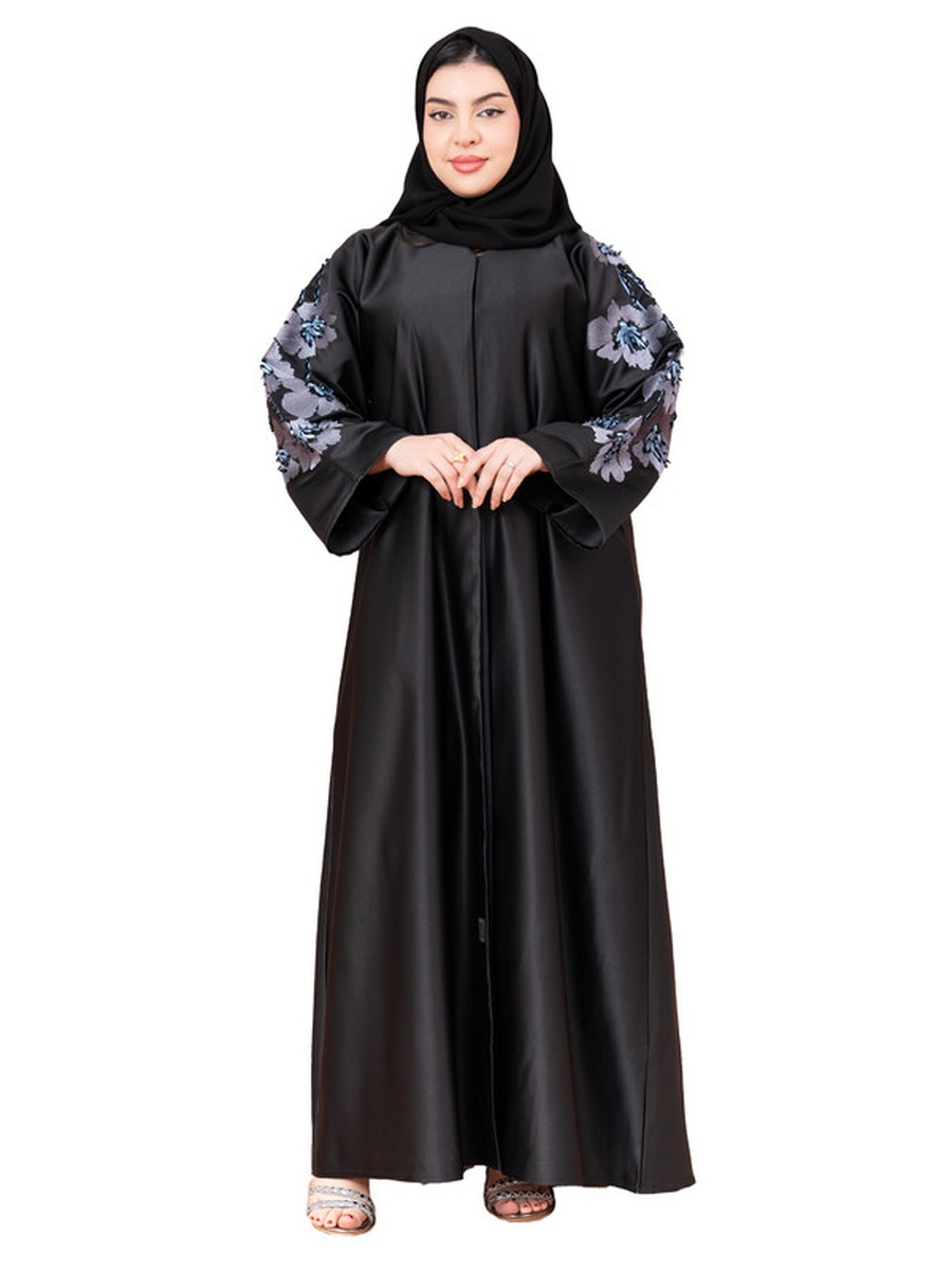 Black Floral Beaded Sleeves Abaya