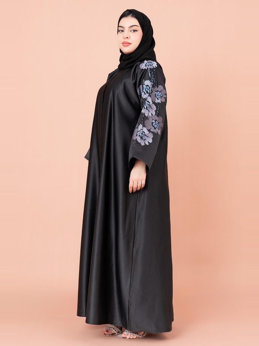 Black Floral Beaded Sleeves Abaya
