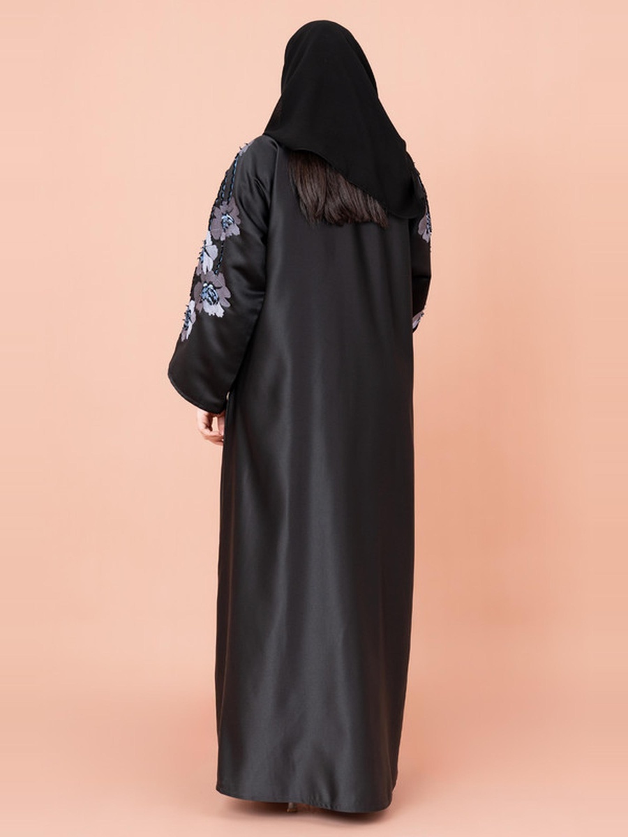 Black Floral Beaded Sleeves Abaya