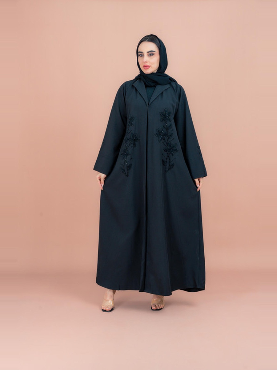 Black Traditional Crystal Floral Design Abaya