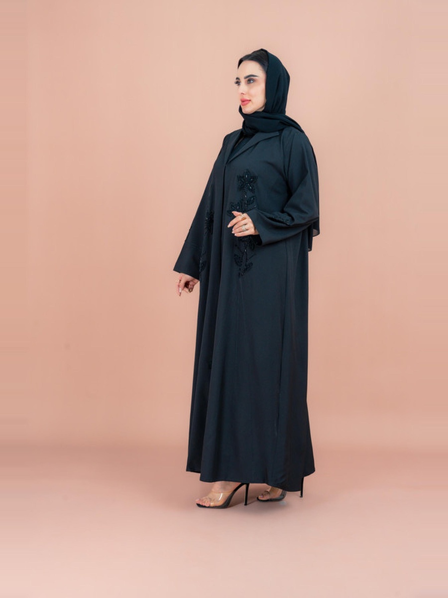 Black Traditional Crystal Floral Design Abaya