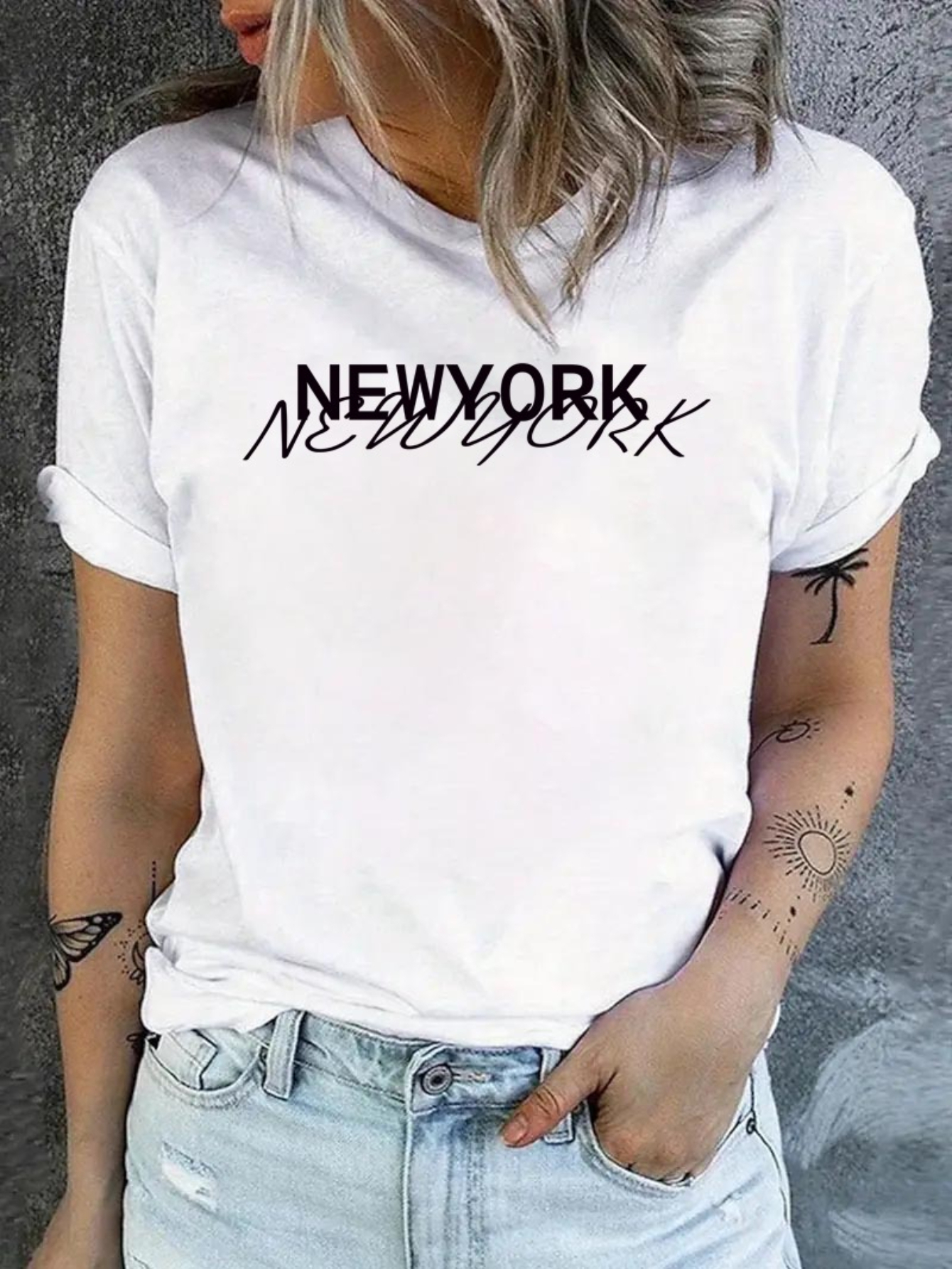 White Text Print Turn-Up Sleeve T-Shirt