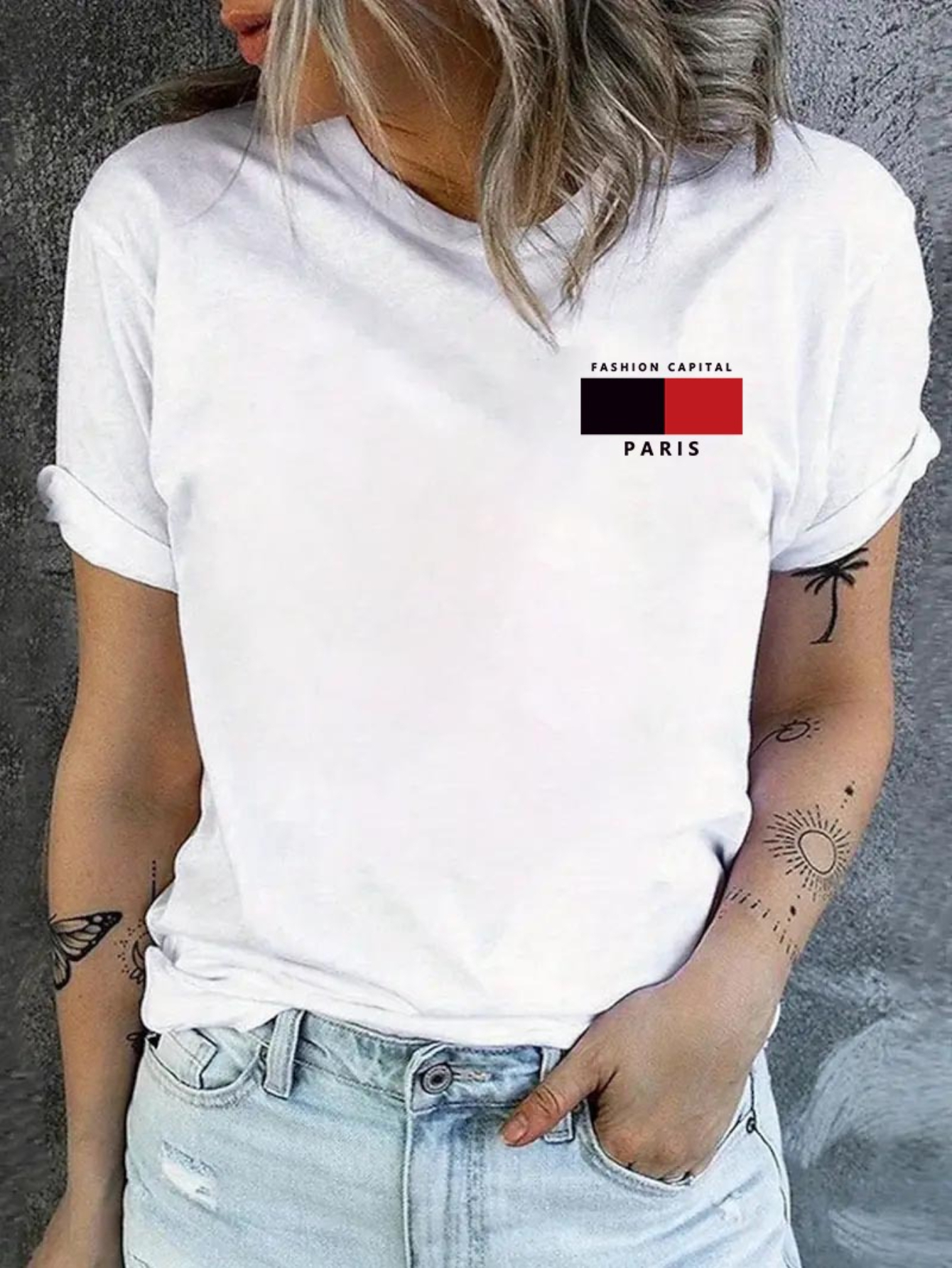 White Graphic Print Turn-Up Sleeve T-Shirt