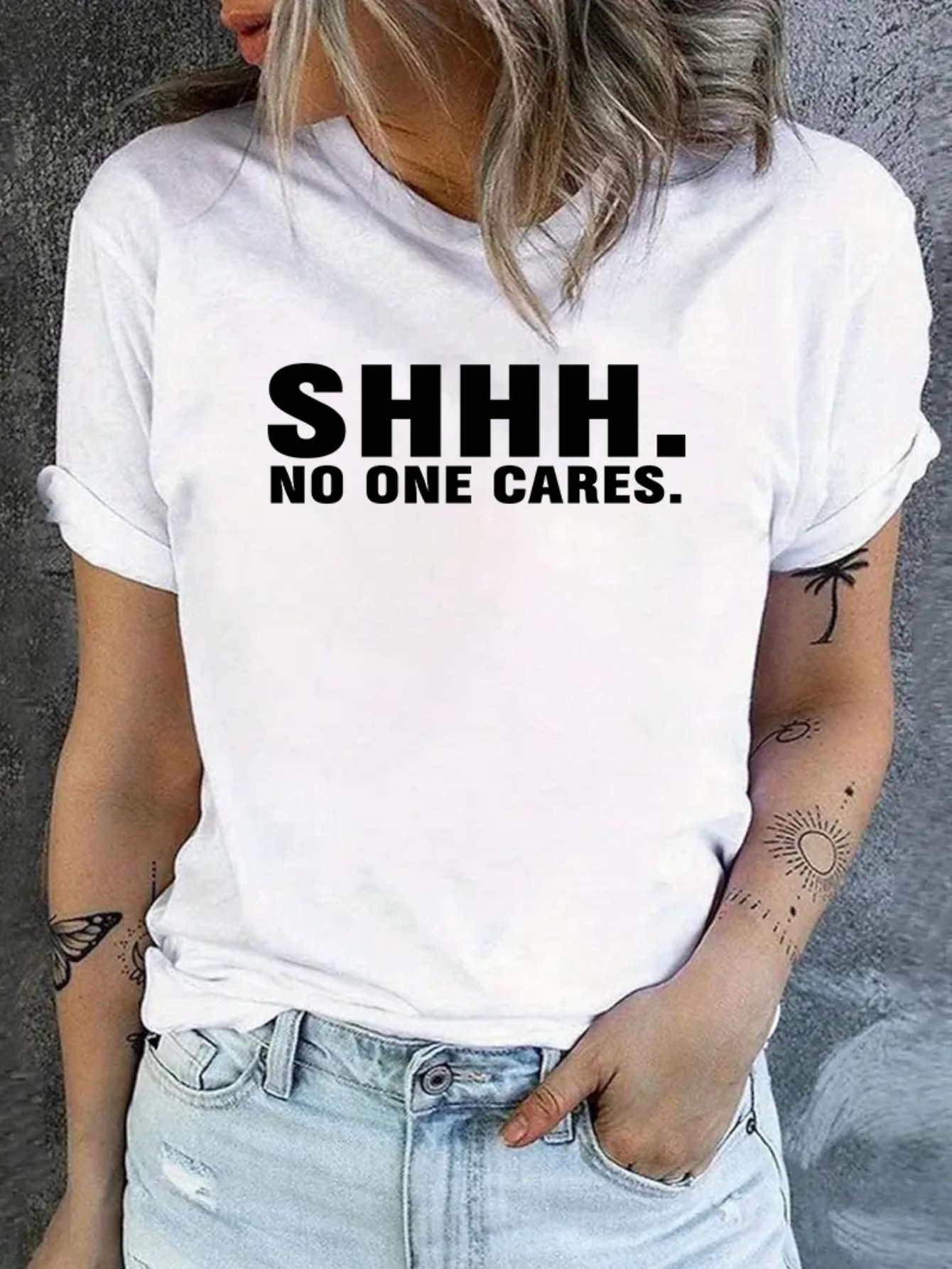 White Slogan Print Turn-Up Sleeve T-Shirt