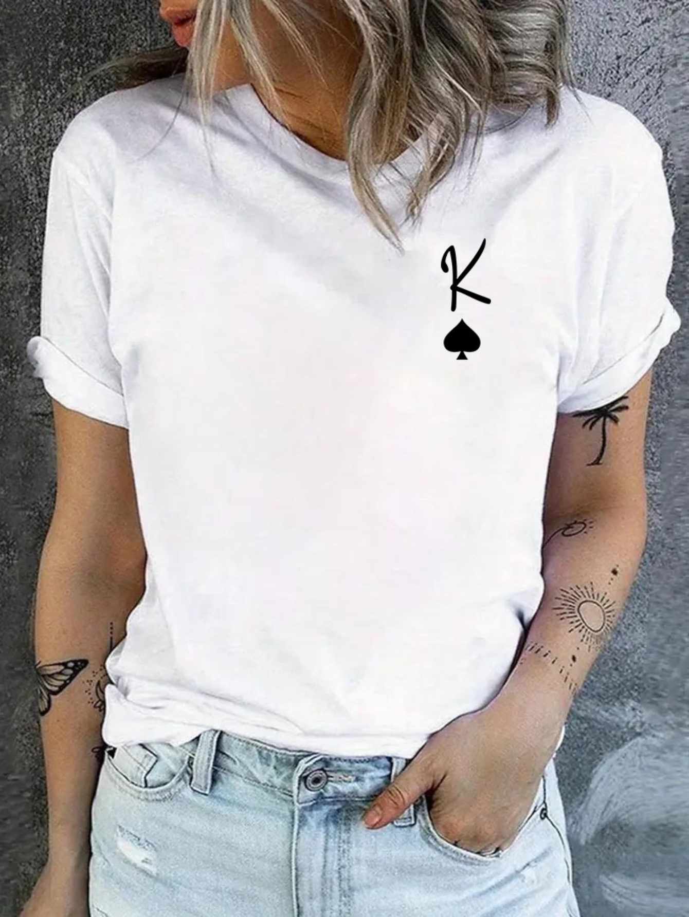 White Graphic Print Turn-Up Sleeve T-Shirt