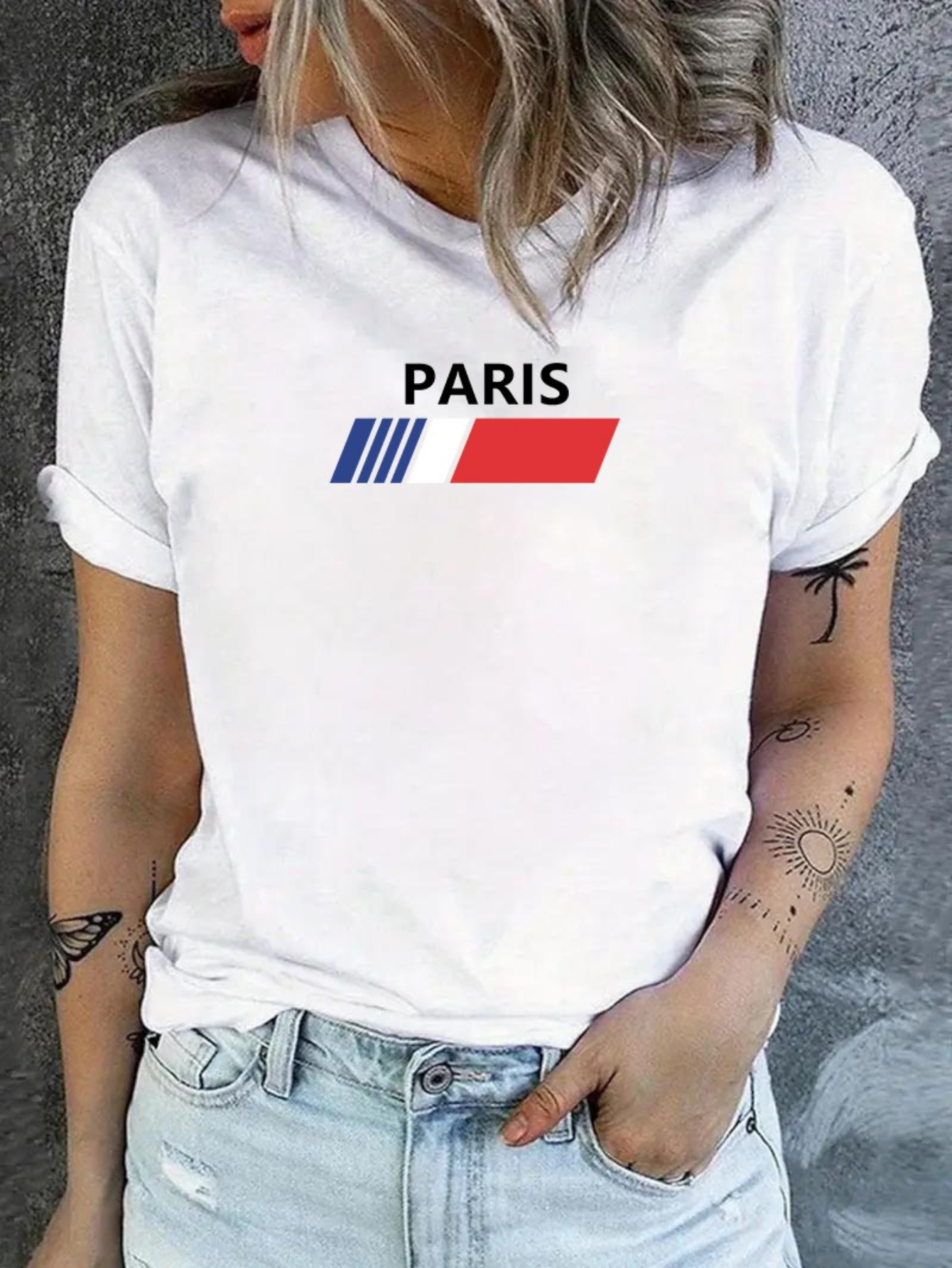 White Graphic Print Short Roll-Up Sleeve T-Shirt