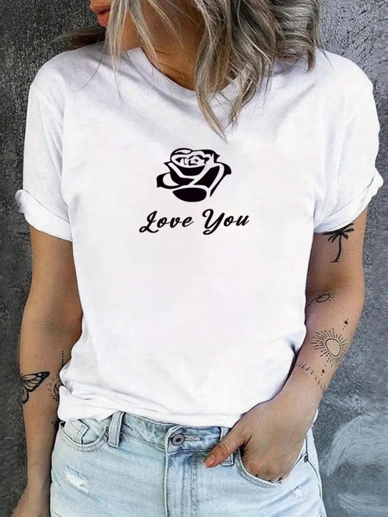 White Graphic Print Turn-Up Sleeve T-Shirt