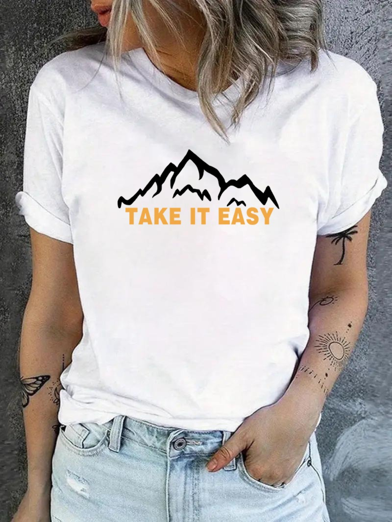White Graphic Print Turn-Up Sleeve T-Shirt