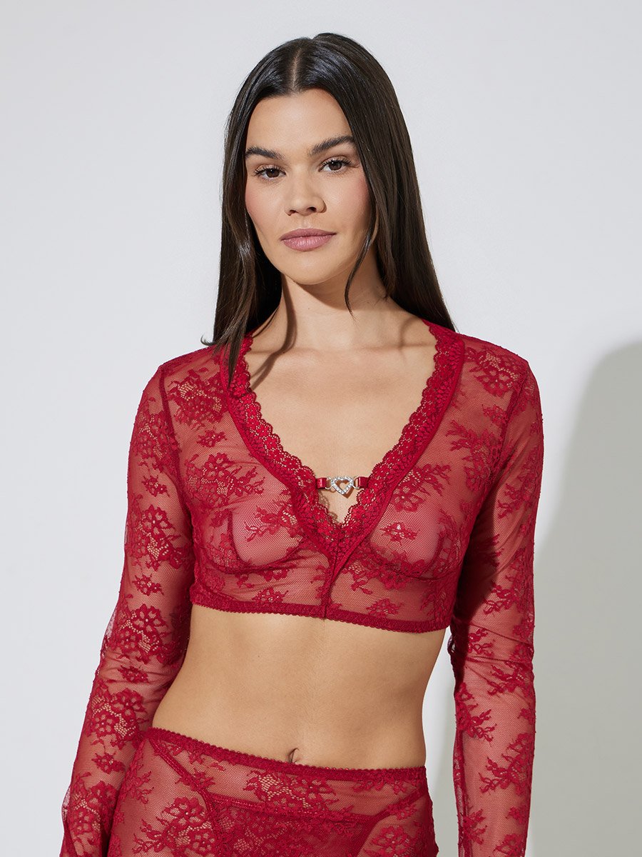 Pack of 3 - Floral Mesh Fitted Crop Top with Metal Heart Trim, Skirt and Brief Set