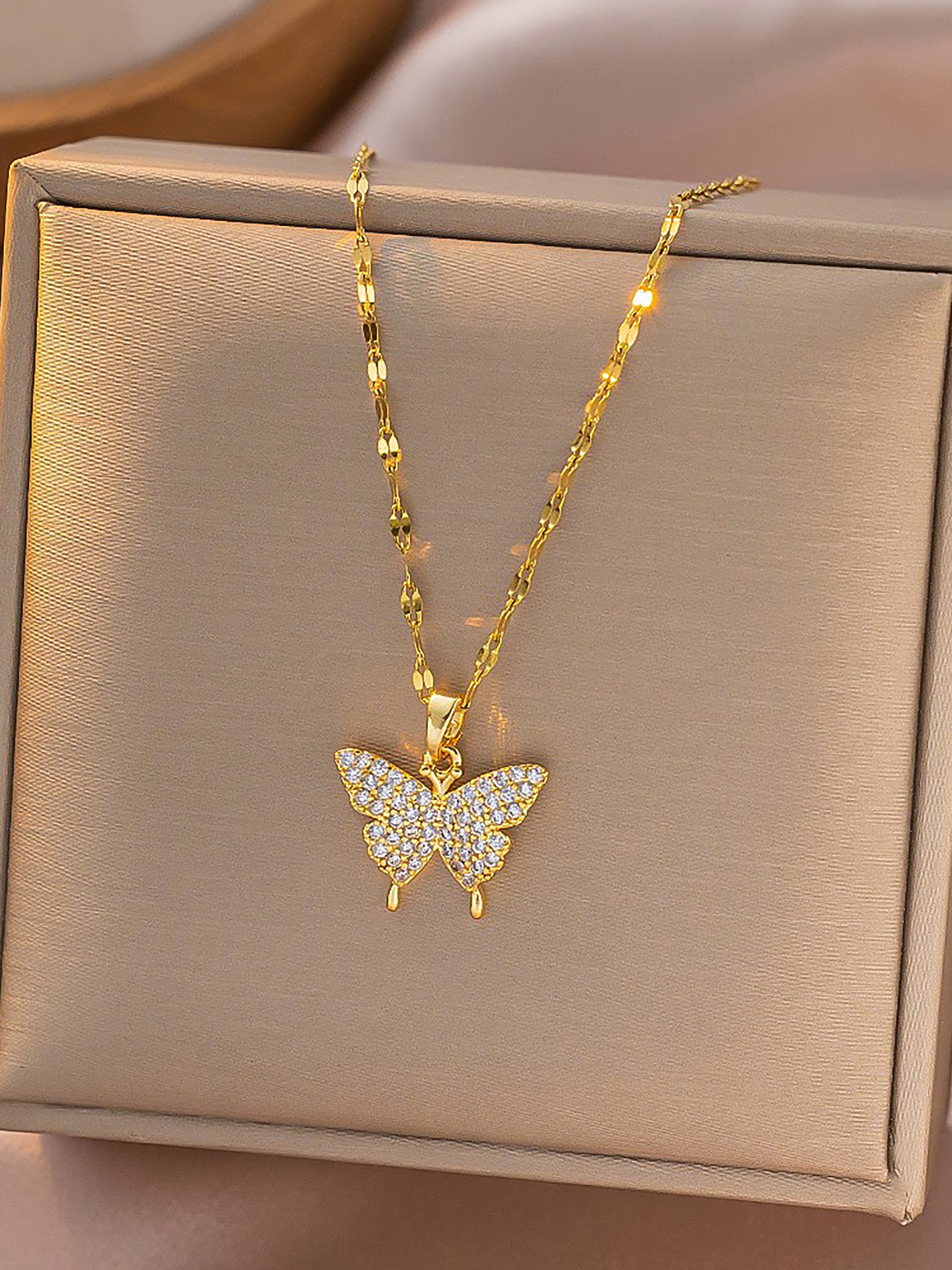 Gold Butterfly Pendant Necklace with Zirconia