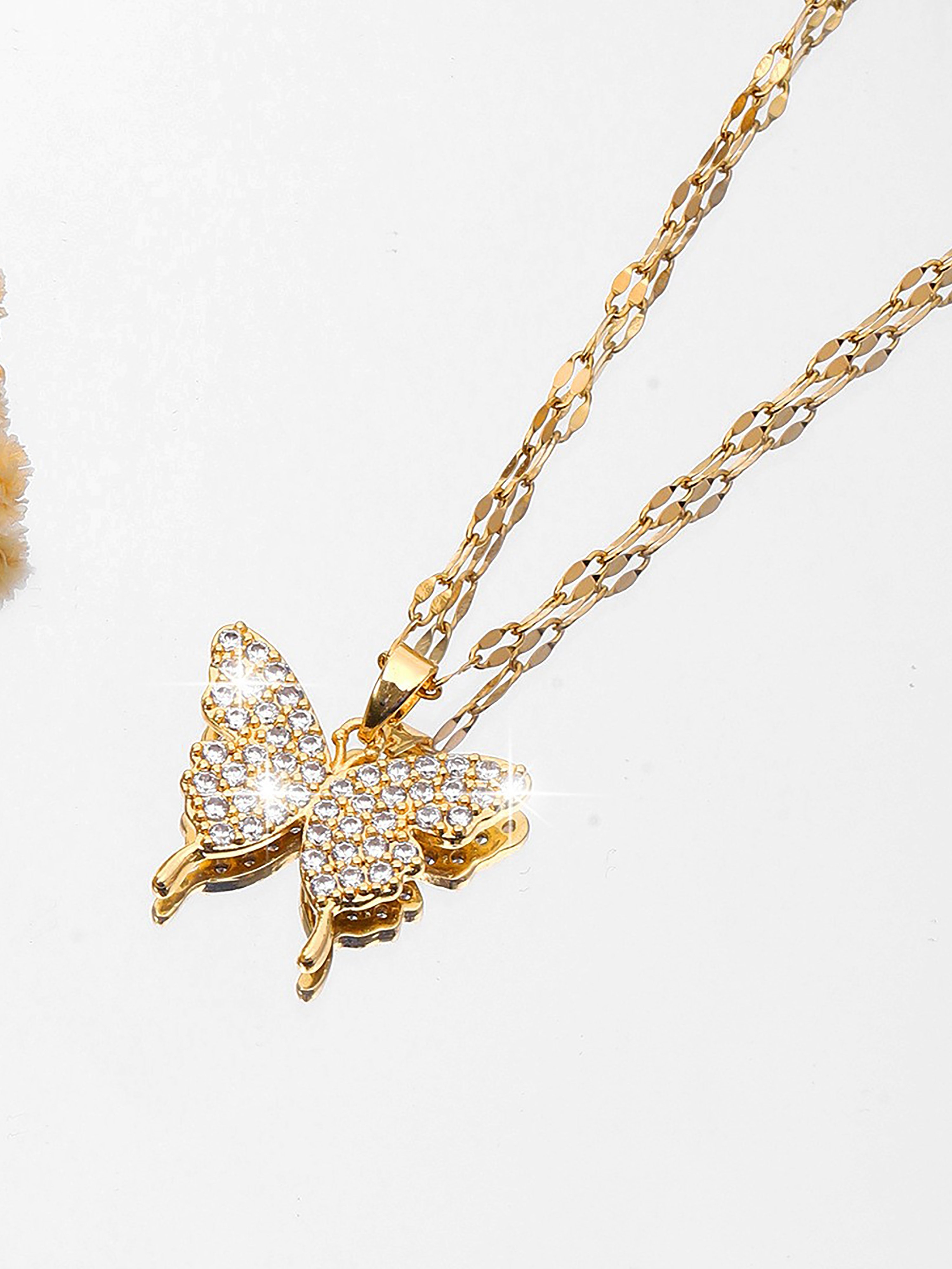 Gold Butterfly Pendant Necklace with Zirconia