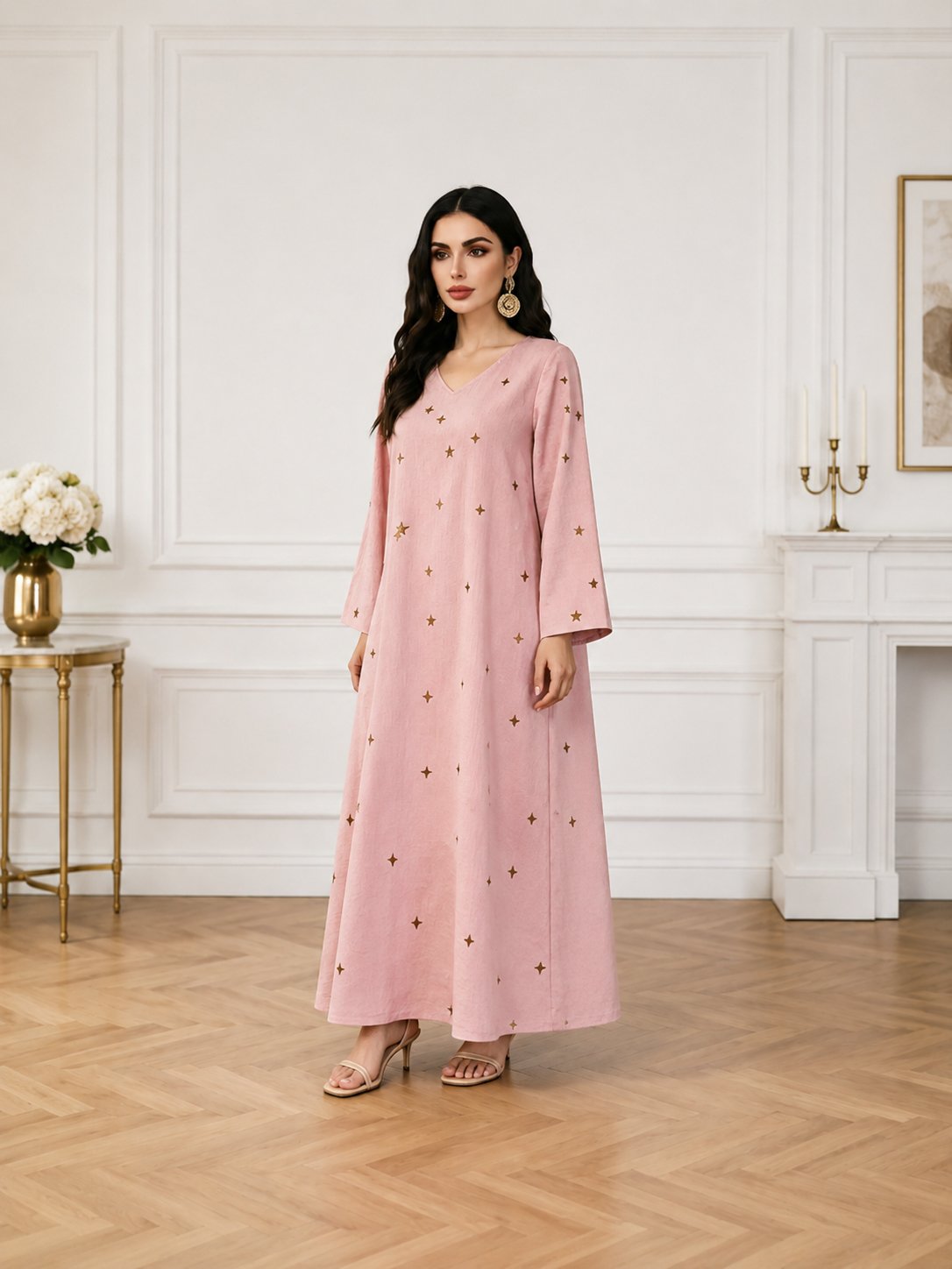 Pink V Neck Graphic Print Jalabyia