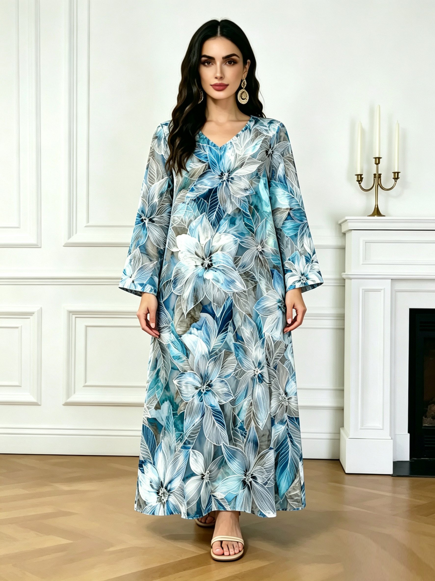 Blue V Neck Floral Print Jalabiya