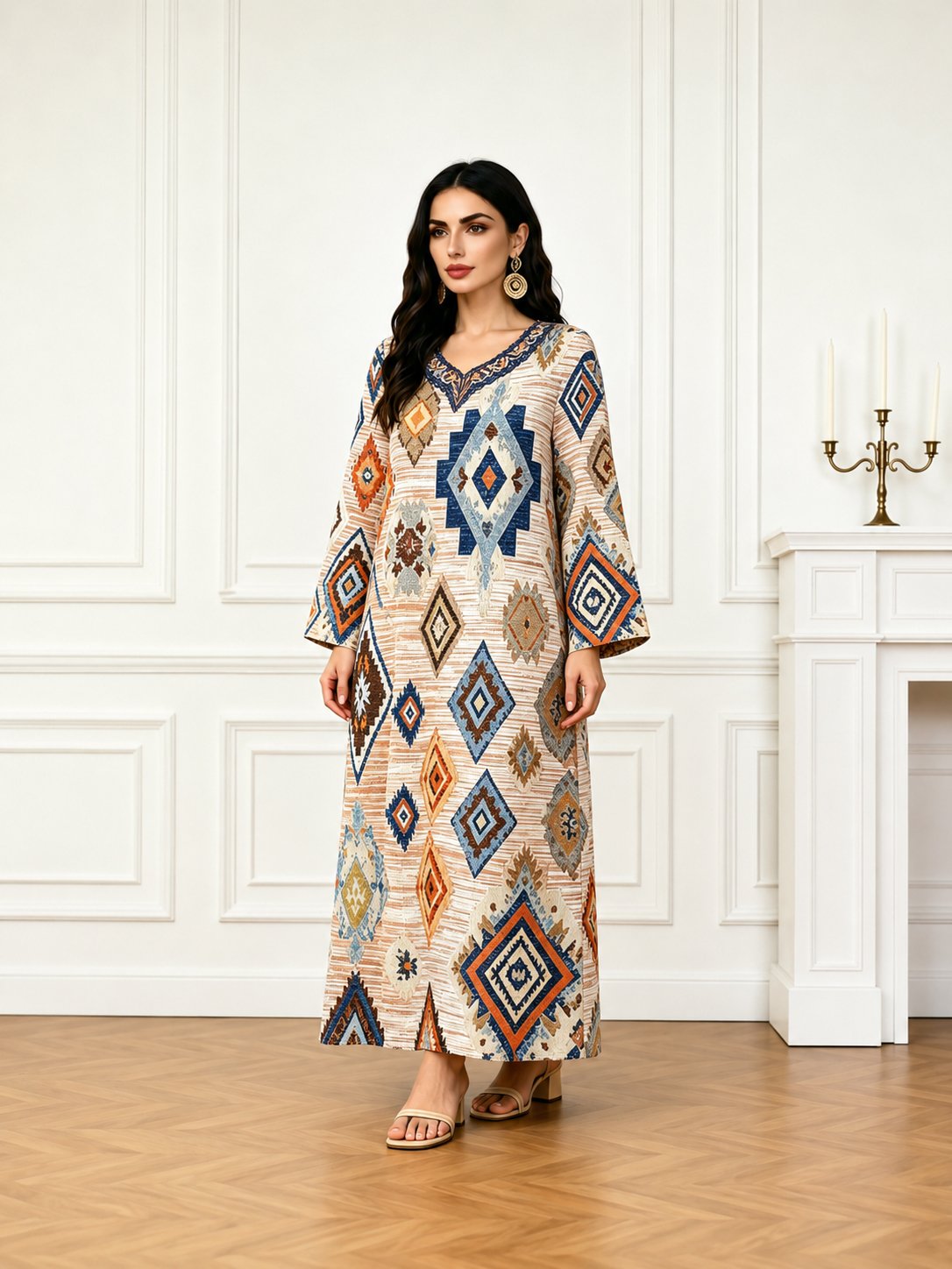 Brown V Neck Geometric Print Jalabiya
