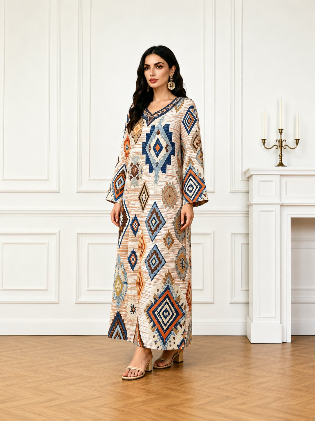 Brown V Neck Geometric Print Jalabiya
