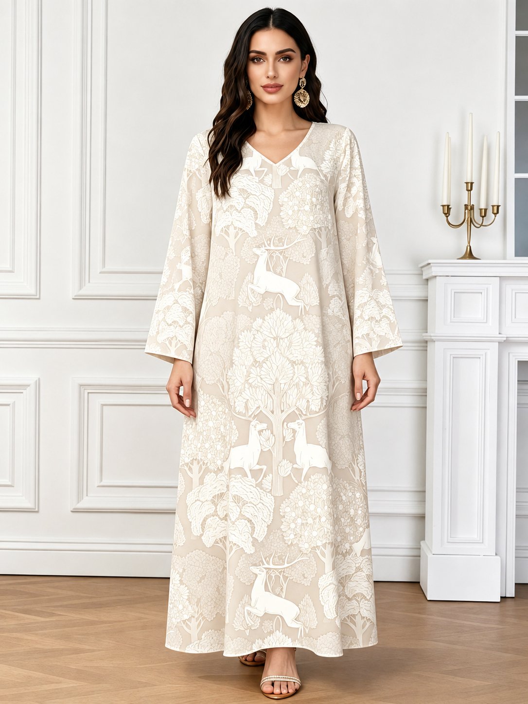 Beige V Neck Forest Print Jalabiya