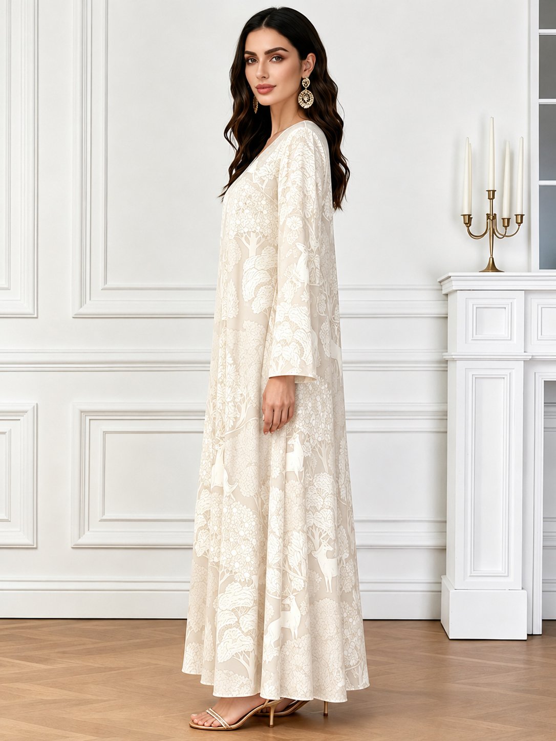 Beige V Neck Forest Print Jalabiya