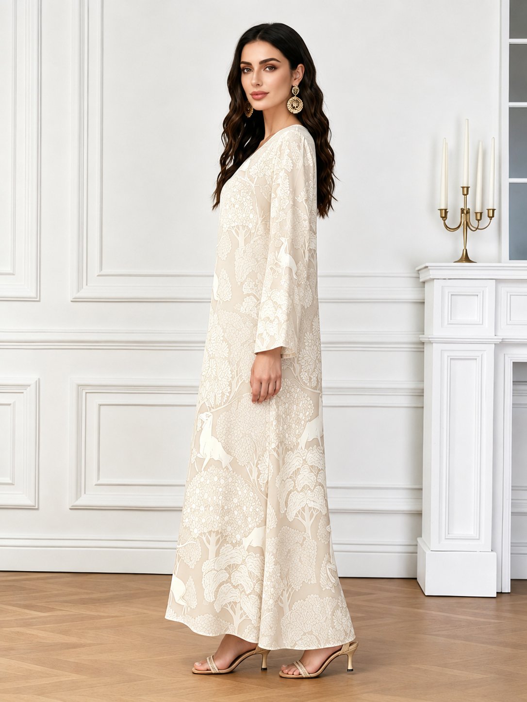 Beige V Neck Forest Print Jalabiya