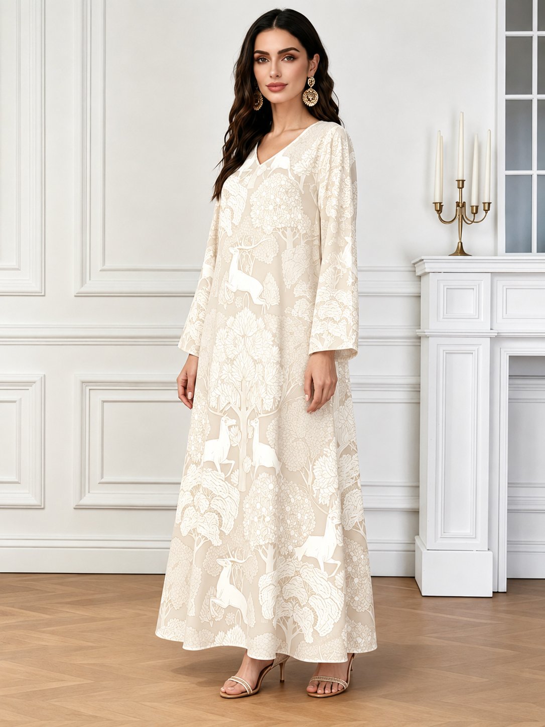 Beige V Neck Forest Print Jalabiya