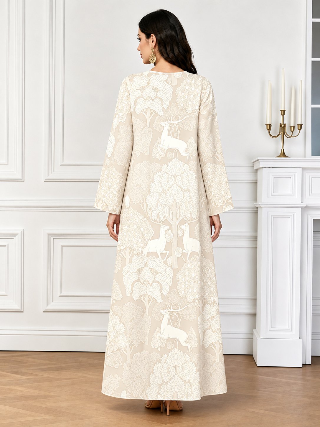 Beige V Neck Forest Print Jalabiya