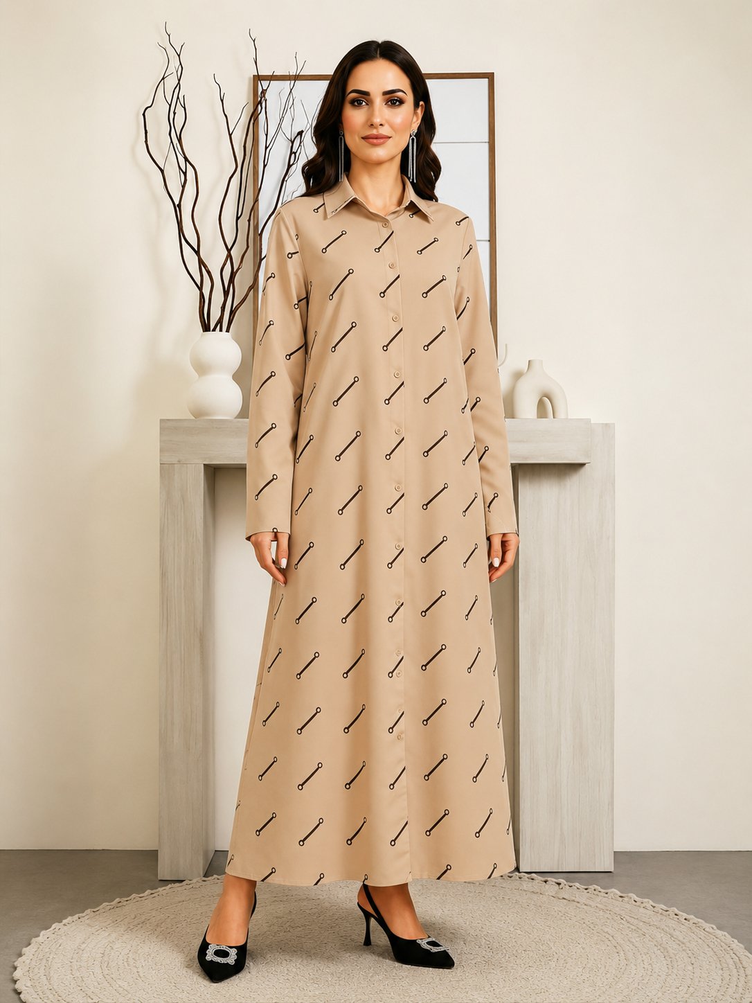 Tan Long Sleeves Graphic Print Shirt Maxi Dress