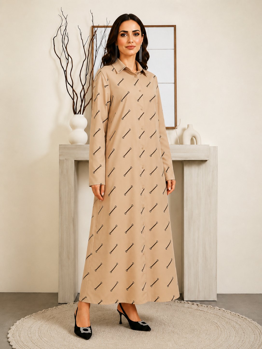 Tan Long Sleeves Graphic Print Shirt Maxi Dress
